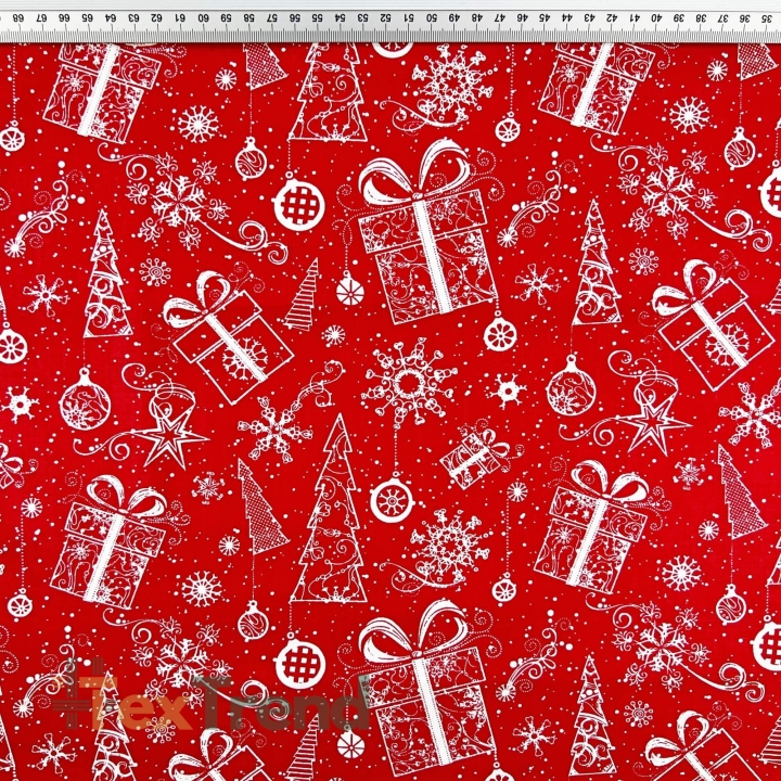 100% Baumwolle mit weihnachtlichem Muster von Tannenbaumkonturen mit Geschenken auf rotem Hintergrund  