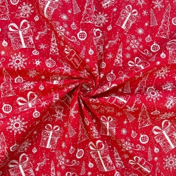100% Baumwolle mit weihnachtlichem Muster von Tannenbaumkonturen mit Geschenken auf rotem Hintergrund  