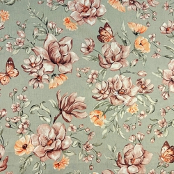 Baumwolle 100% braun-orange Blumen auf olivgrünem Hintergrund  