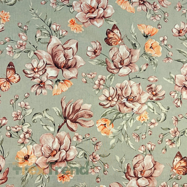 Baumwolle 100% braun-orange Blumen auf olivgrünem Hintergrund  