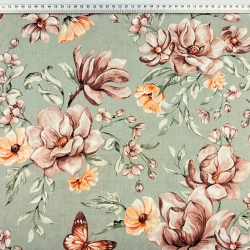 Baumwolle 100% braun-orange Blumen auf olivgrünem Hintergrund  