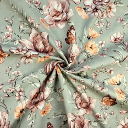 Baumwolle 100% braun-orange Blumen auf olivgrünem Hintergrund  