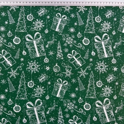 100% Baumwolle mit weihnachtlichem Muster von Tannenbaumkonturen mit Geschenken auf grünem Hintergrund  
