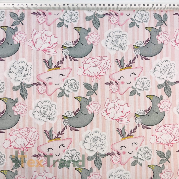Baumwolle 100% Blumen mit Sternen und Monden rosa-grau  