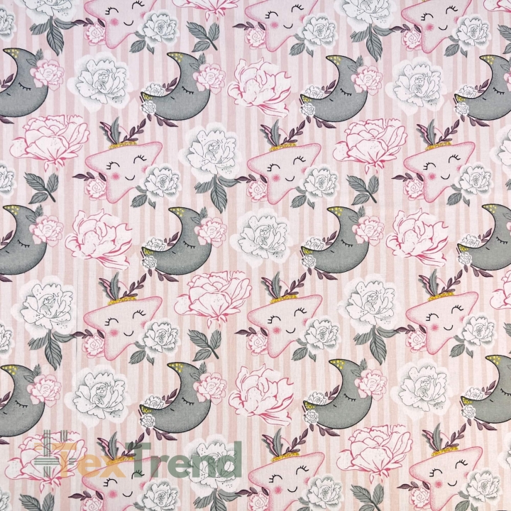 Baumwolle 100% Blumen mit Sternen und Monden rosa-grau  