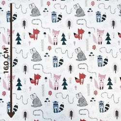 Baumwolle 100% Tiere mit Tannenbäumen (Füchse, Waschbären und Eichhörnchen)  