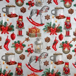 Baumwolle 100% Weihnachtsmuster Nussknacker auf grauem Hintergrund  