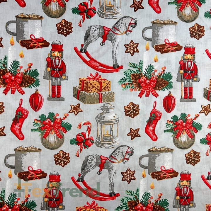 Baumwolle 100% Weihnachtsmuster Nussknacker auf grauem Hintergrund  