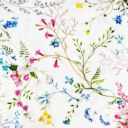 Baumwolle 100% bunte Blumen mit Zweigen auf weißem Hintergrund  