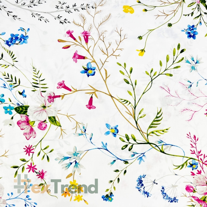 Baumwolle 100% bunte Blumen mit Zweigen auf weißem Hintergrund  