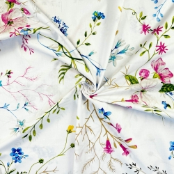 Baumwolle 100% bunte Blumen mit Zweigen auf weißem Hintergrund  