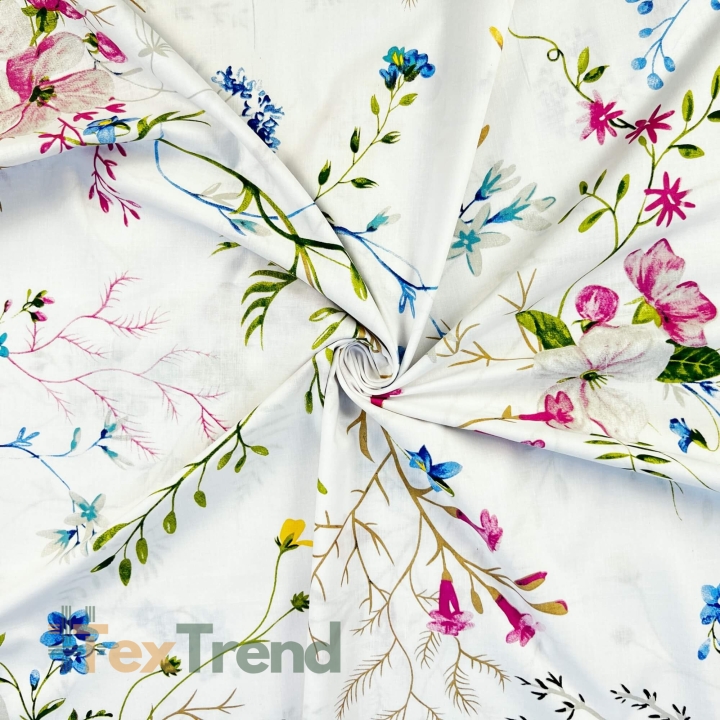 Baumwolle 100% bunte Blumen mit Zweigen auf weißem Hintergrund  
