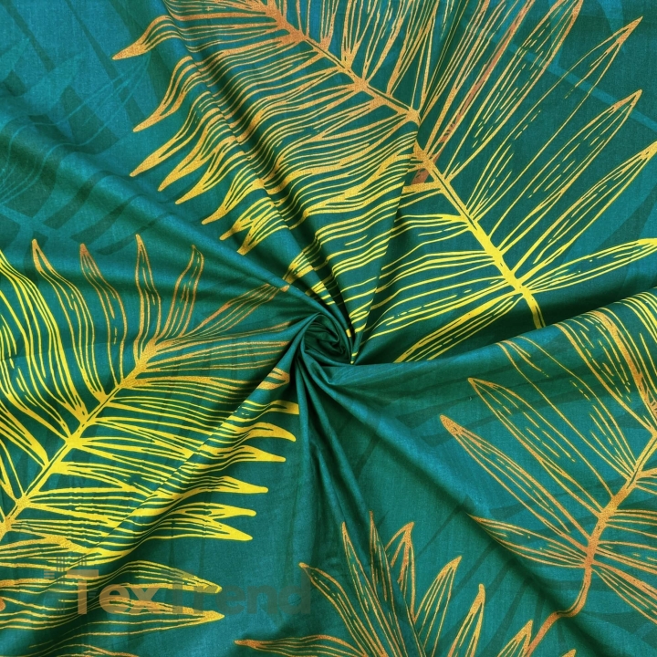 100% Baumwolle mit goldenen Palmblättern auf grünem Hintergrund - 220cm  