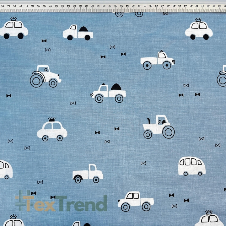 Baumwolle 100% weiße Autos auf blauem Hintergrund  