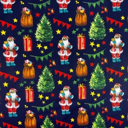 Baumwolle 100% Weihnachtsmuster Nikolaus mit Geschenkesack auf dunkelblauem Hintergrund  