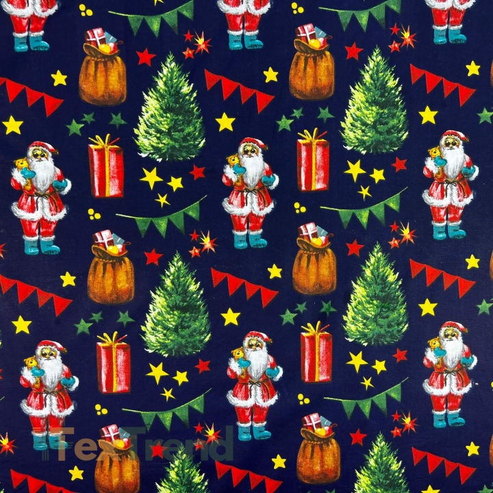Baumwolle 100% Weihnachtsmuster Nikolaus mit Geschenkesack auf dunkelblauem Hintergrund  