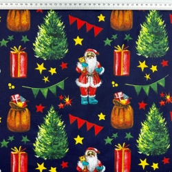 Baumwolle 100% Weihnachtsmuster Nikolaus mit Geschenkesack auf dunkelblauem Hintergrund  