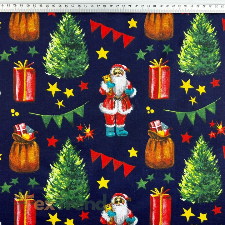 Baumwolle 100% Weihnachtsmuster Nikolaus mit Geschenkesack auf dunkelblauem Hintergrund  