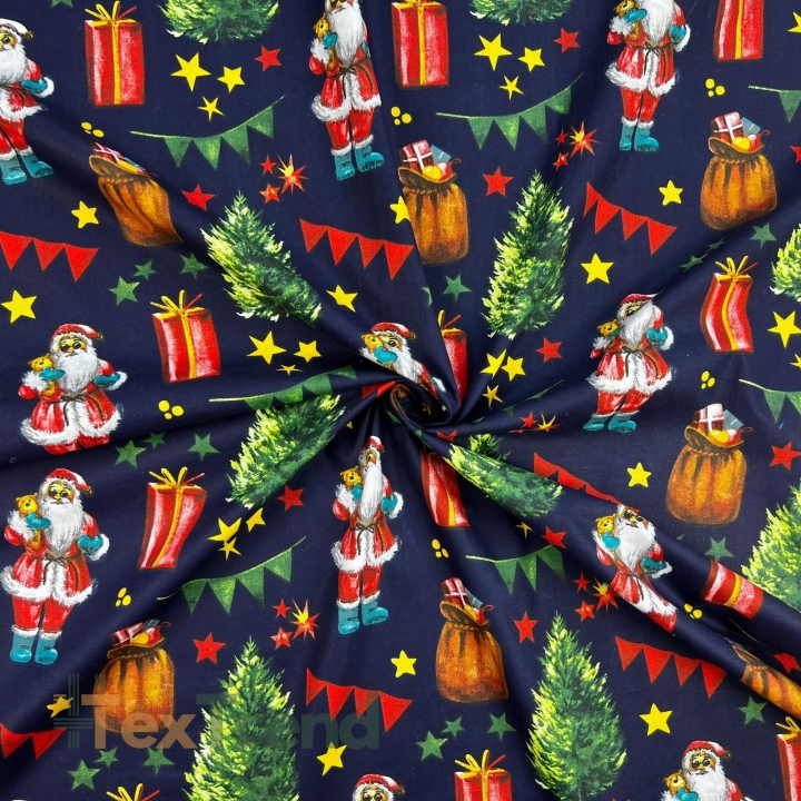 Baumwolle 100% Weihnachtsmuster Nikolaus mit Geschenkesack auf dunkelblauem Hintergrund  