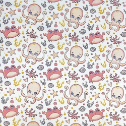 Baumwolle 100% maritimes Muster mit Oktopussen und aprikosenfarbenen Krabben  