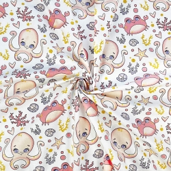 Baumwolle 100% maritimes Muster mit Oktopussen und aprikosenfarbenen Krabben  