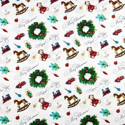 Baumwolle 100% Weihnachtsmuster Kränze mit Spielzeug auf weißem Hintergrund  