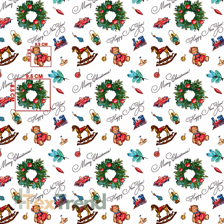 Baumwolle 100% Weihnachtsmuster Kränze mit Spielzeug auf weißem Hintergrund  