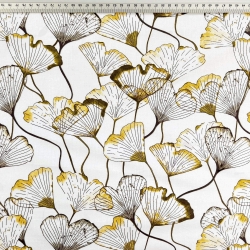 Baumwolle 100% Ginkgo-Konturen olivgrün auf weißem Hintergrund  