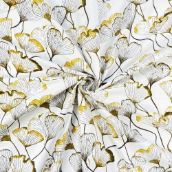 Baumwolle 100% Ginkgo-Konturen olivgrün auf weißem Hintergrund  