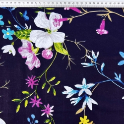 Baumwolle 100% bunte Blumen mit Zweigen auf blauem Hintergrund  