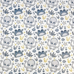 Baumwolle 100% maritimes Muster mit Oktopussen und grauen Krabben  