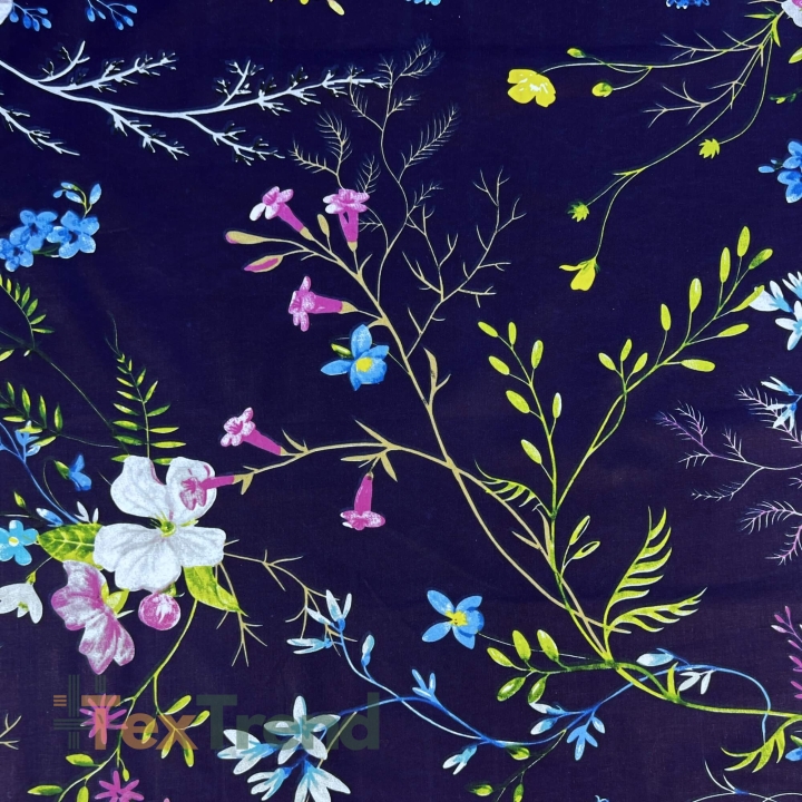 Baumwolle 100% bunte Blumen mit Zweigen auf blauem Hintergrund  