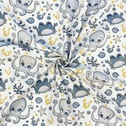 Baumwolle 100% maritimes Muster mit Oktopussen und grauen Krabben  