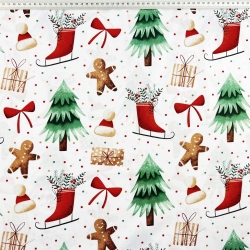 Baumwolle 100% Weihnachtsmuster Schlittschuhe, Tannenbaum und Lebkuchen auf weißem Hintergrund  
