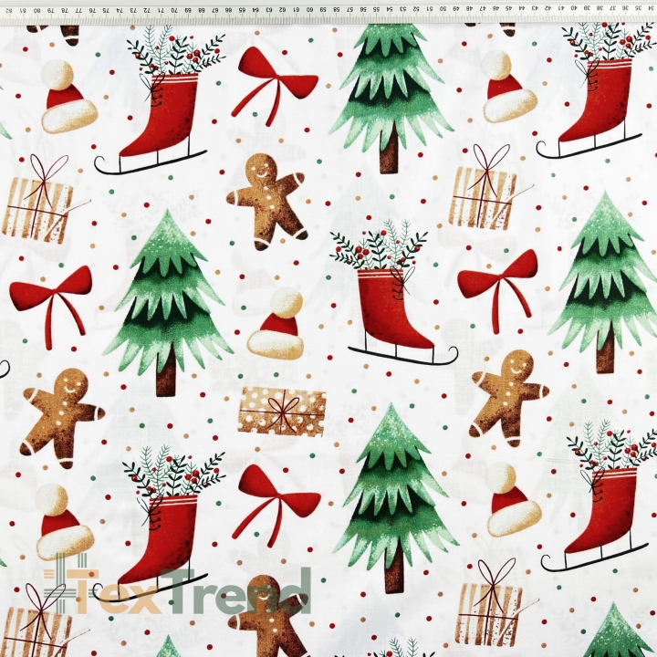 Baumwolle 100% Weihnachtsmuster Schlittschuhe, Tannenbaum und Lebkuchen auf weißem Hintergrund  