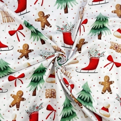 Baumwolle 100% Weihnachtsmuster Schlittschuhe, Tannenbaum und Lebkuchen auf weißem Hintergrund  