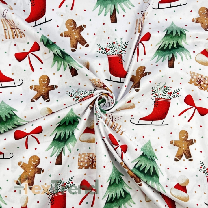 Baumwolle 100% Weihnachtsmuster Schlittschuhe, Tannenbaum und Lebkuchen auf weißem Hintergrund  