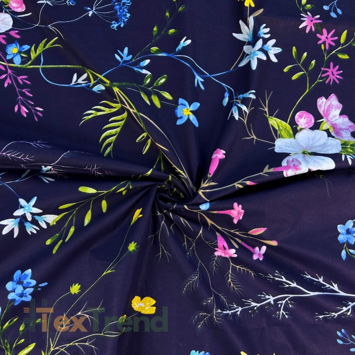 Baumwolle 100% bunte Blumen mit Zweigen auf blauem Hintergrund - 220cm  
