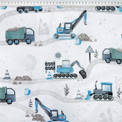 Baumwolle 100% Straßenbau blau-grün auf weißem Hintergrund  