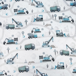 Baumwolle 100% Straßenbau blau-grün auf weißem Hintergrund  