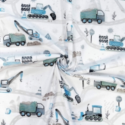 Baumwolle 100% Straßenbau blau-grün auf weißem Hintergrund  