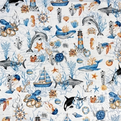 Baumwolle 100% maritimes Muster mit blauen Walen und Schiffen  