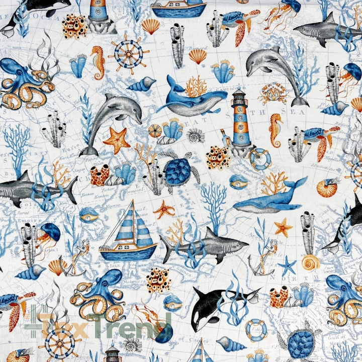 Baumwolle 100% maritimes Muster mit blauen Walen und Schiffen  