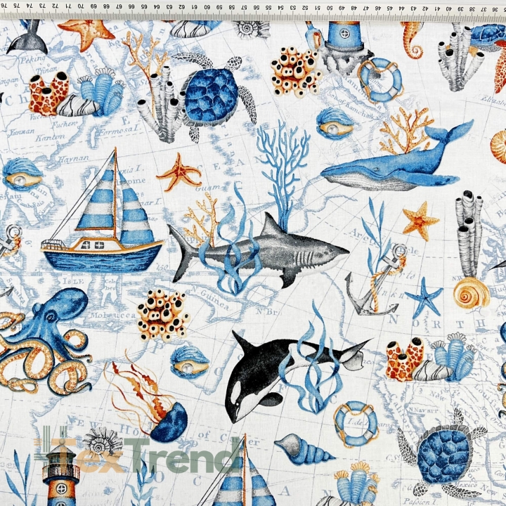 Baumwolle 100% maritimes Muster mit blauen Walen und Schiffen  