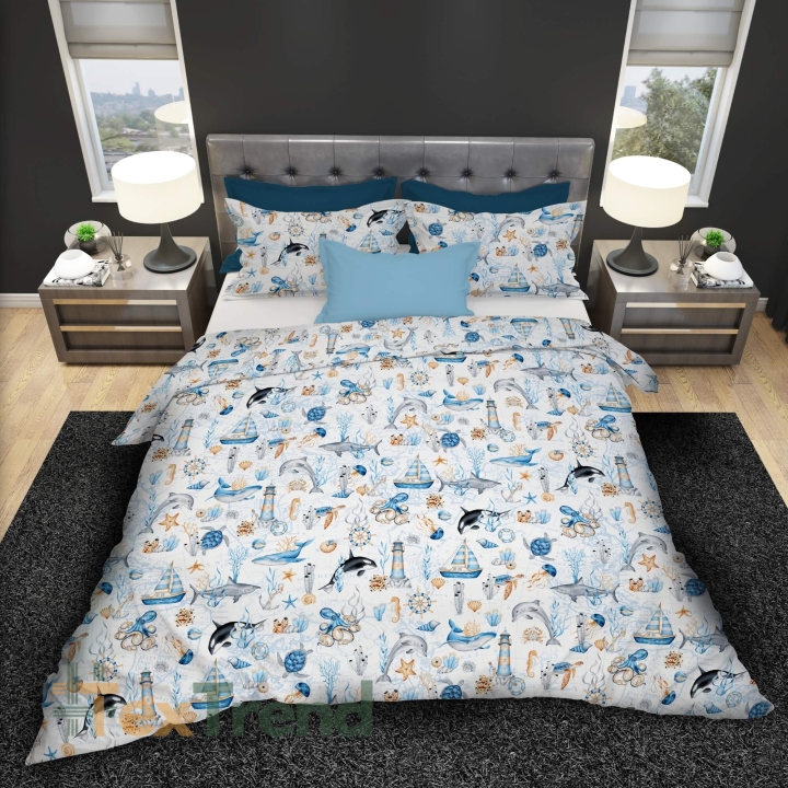 Baumwolle 100% maritimes Muster mit blauen Walen und Schiffen  