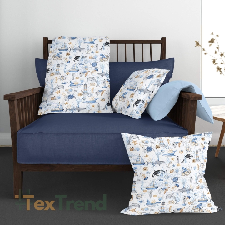 Baumwolle 100% maritimes Muster mit blauen Walen und Schiffen  