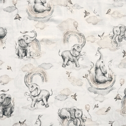 Baumwoll-Musselin mit pastellfarbenen Elefanten und beigen Regenbogen  