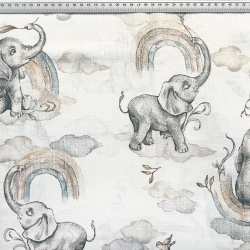 Baumwoll-Musselin mit pastellfarbenen Elefanten und beigen Regenbogen  