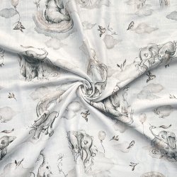 Baumwoll-Musselin mit pastellfarbenen Elefanten und beigen Regenbogen  