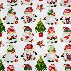 Baumwolle 100% Weihnachtsmuster große Wichtel auf weißem Hintergrund  